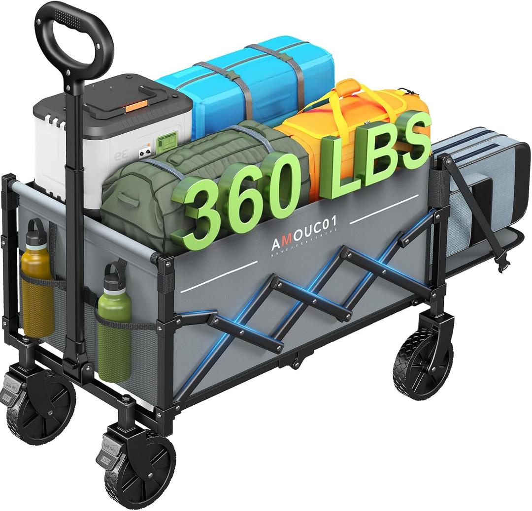Small Wagon Cart Foldable, Collapsible Wagon with 360 LBS Max Load & Expandable Storage, 90L Foldable Grocery Cart with 2 Cup Holders for Outdoor, Garden, Camping &Groceries-Grey (Gray)