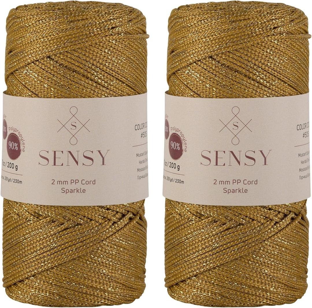 2 Pack of Sensy Premium 2mm 251 Yards Sparkle Polyester Rope 90% Polypropylene 10% Polyester Cord Macrame Cord 2mm Crochet Bag Cord Macrame Rope Crochet Thread Gift for Knitter (Mustard Sparkle)