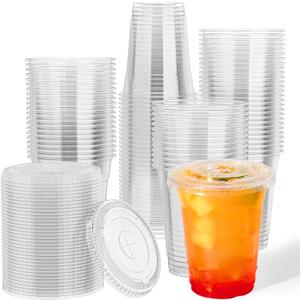 JOLLY CHEF 12 oz Plastic Cups with Lids, 500 Packs Crystal PET Clear Cups, Disposable Ice Coffee Cups with Lids For Coffee Milkshake Daily Use, Party, Wedding, Christmas, 12oz-500count