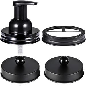 Mason Jar Bathroom Accessories Set(4pcs)-Jars Not Included - Foaming Soap Dispenser and Apothecary Jars Lids for Regular Mouth jar, Wide Mouth Toothbrush Holder lid, Farmhouse Decor-Black