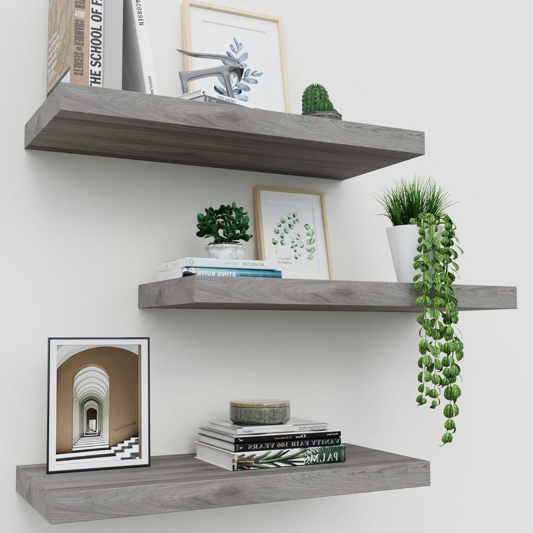 Floating Shelves for Wall Set of 3, 16" Gray Wall Shelves for Home Decor, Frame Display Floating Shelf for Living Room, Bedroom, Bathroom, Kitchen (Grey)