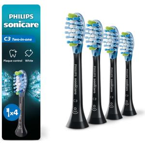 Philips Sonicare C3 Two-in-One - Genuine Replacement Electric Toothbrush Heads, Black, 4 Pack One Year Supply, HX9044/95