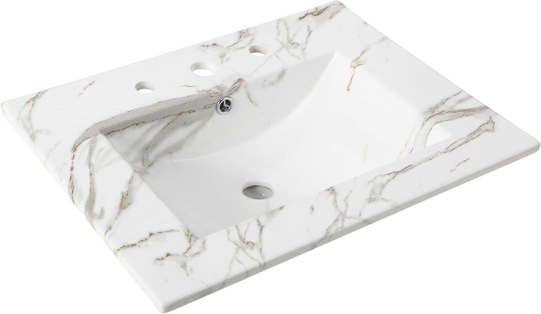 JONATHAN Y Ancillary 24 in. W x 18.25 in. D Ceramic Vanity Sink Top with 3-Hole Rectangular Single Sink Basin, White Marble Effect SNK1001C