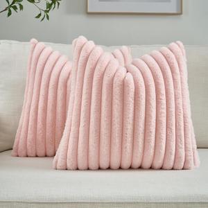 FUTEI Pink Striped Decorative Throw Pillow Covers 16x16 Inch Set of 2,Square Winter Decorations Couch Pillow Case,Soft Cozy Faux Rabbit Fur & Velvet Back,Modern Home Decor for Bed