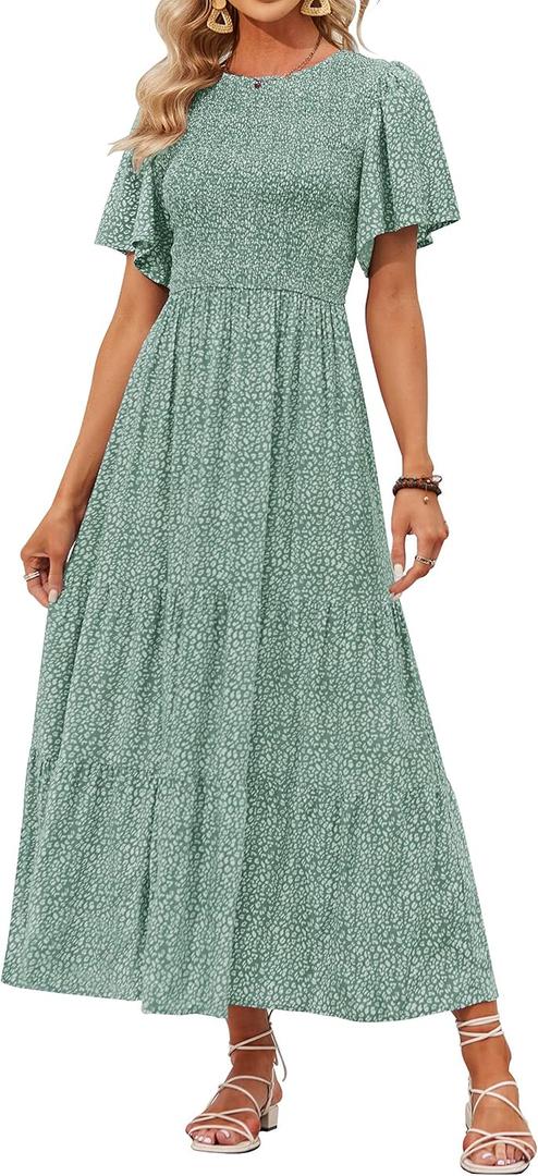 ZESICA Women's Summer Boho Floral Smocked Short Sleeve Maxi Dress (Green, L)