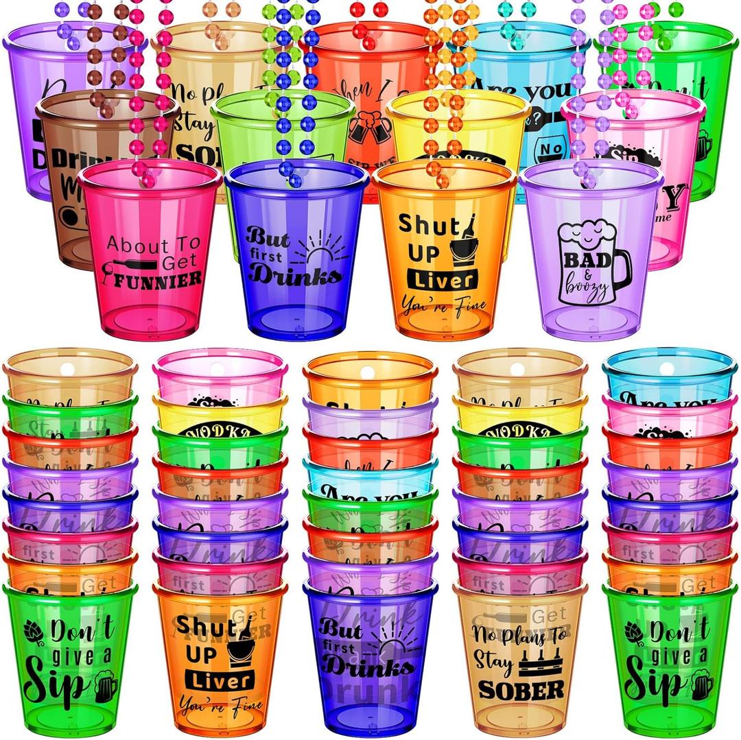 Janmercy 39 Pieces Shot Glass on Beaded Necklace Plastic Shot Glass Necklaces Beads Necklace Cups Naughty Favors for Adults and Teens Party Supplies, 13 Assorted Styles
