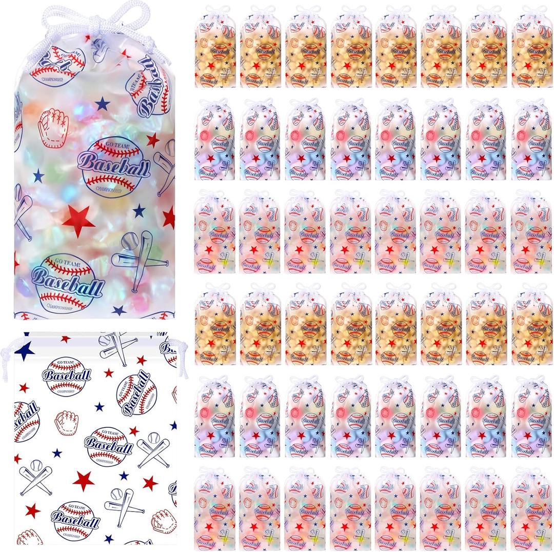 Lemosae 50 Pack Baseball Drawstring Gift Bags Bulk Baseball Treat Goodie Bags Plastic Sport Party Favor Bags for Sports Theme Birthday Baby Shower Party Package Supplies