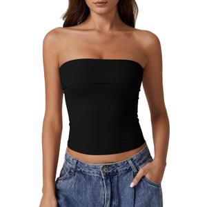 QINSEN Women's Tube Tops Strapless Bandeau Tops Double Lined Slim Fit Summer Going Out Tank Tops (Medium, Black)