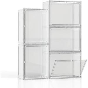 4 Pack Stackable Storage Bins with Lids, White Plastic Storage Container with Clear Lids, Clear Display Case with Magnetic Door for Purse, Handbag, Figure, Collectibles, Doll, Bag, 14.2"x8.66x10.6"