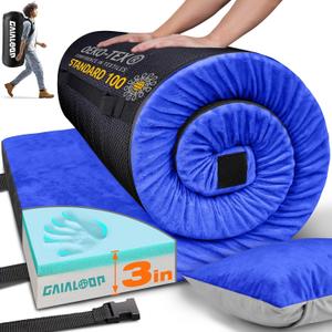 GAIALOOP 3 Inch Memory Foam Camping Mattress, Dual Layer Thick Sleeping Camp Pad for Car Tent Cot, Roll-Up Portable Glamping Floor Bed for Guests Sleepover, Twin: 75*38*3"