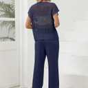 Women Two Piece Outfits Crochet Sheer Knit Sweater Top Wide Leg Pants Lounge Matching Sets Sweatsuit Travel Clothes