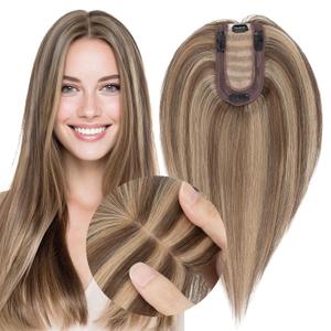 MY-LADY Human Hair Toppers for Women Real Human Hair Thin 7 * 13CM Silk Base with Lace Clip in Remy Hairpieces 150% Density 14 Inch Medium Brown & Dark Blonde