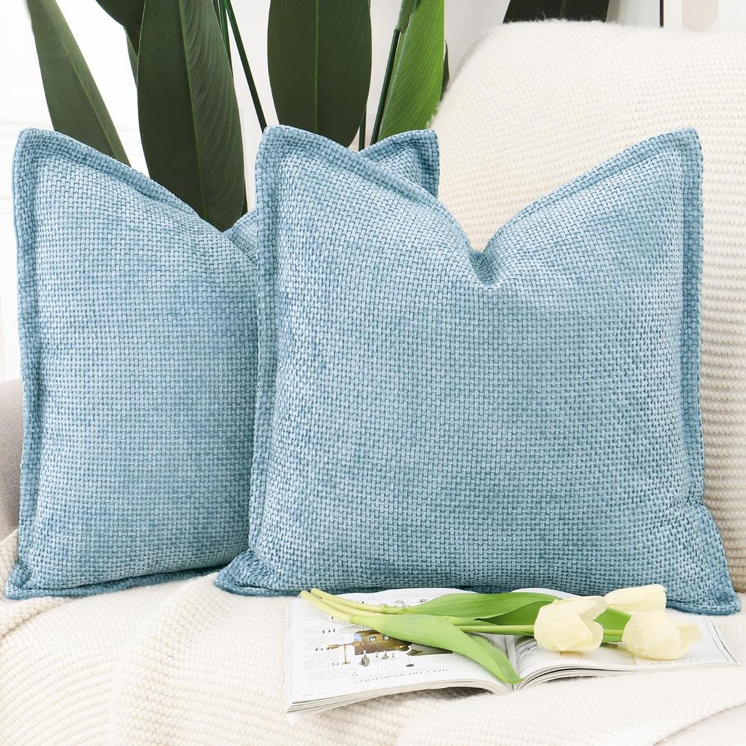 MADIZZ Decorative Chenille Velvet Throw Pillow Covers Set of 2 Soft Boho Textured Neutral Couch Throw Pillow for Bed Modern Farmhouse Home Decor for Sofa Livingroom Light Blue 20x20 Inch