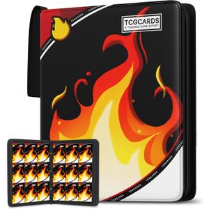 Trading Card Binder 9 PocketCard Binder 900 Pockets Card Book Holder Cards with 50 Removable Sleeves3-Ring Zip Design MTG/TCG/Sport Collectible Trading Card Albums Gifts for Boys and Girls (Fire) (Large, Red1)