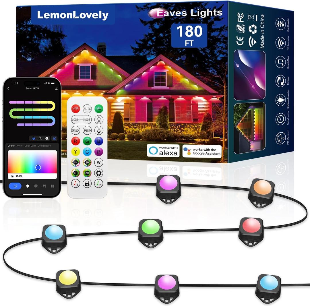 Permanent Outdoor Lights for House, 180ft with 132 Smart IC+RGBCW LED Eaves Lights with App/Remote Control, IP67 Waterproof Christmas Light Compatible with Alexa, Google Assistant, Black