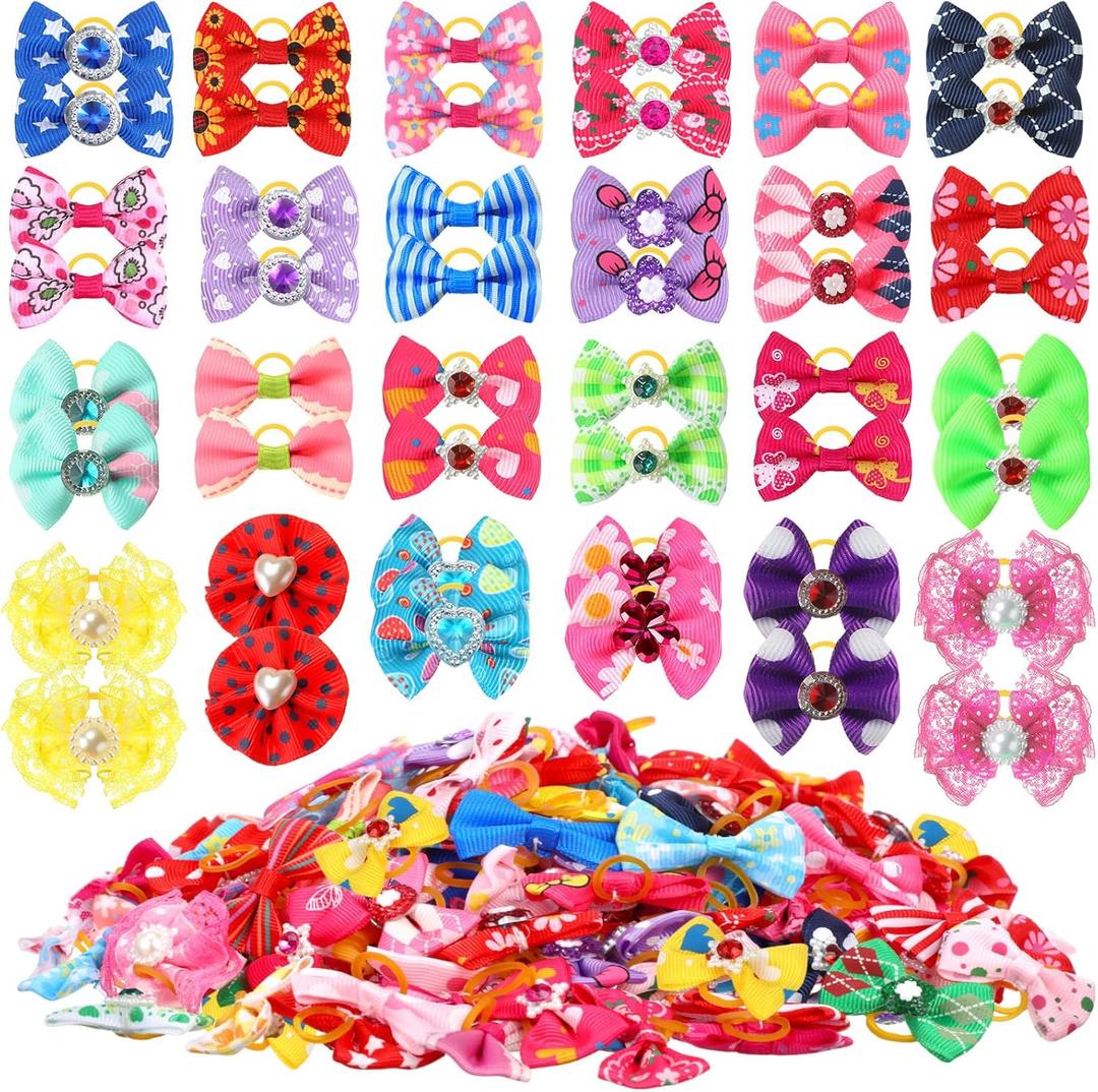 Reginary 150 Pack Dog Bows Grooming Cute Dog Hair Bows Girl with Rubber Bands Small Puppy Bowknots Colorful Hair Accessories for Dogs Puppies Pets Gift (Classic Style)