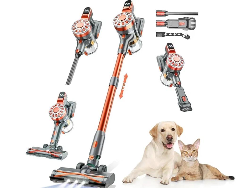 Cordless Vacuum Cleaner for Home, Lightweight Stick Vacuum Cordless Rechargeable with Power Suction, Up to 35 Mins Runtime, Hardwood Floor Vacuum for Pet Hair, Carpets, Tile (Red Grey)