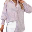 Gleeivy Womens Oversized Button Down Shirts Striped Smocked Cuff Long Sleeve Fall Blouses with Pocket Casual Collar Work Tops (X-Large)