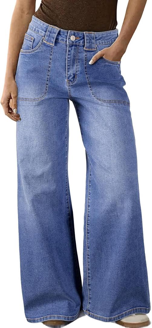 Astylish Women's High Waisted Wide Leg Jeans Stretch Denim Pants with Front Patch Pockets (Blue, L)