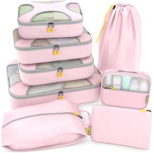 Shacke Packing Cubes for Travel 8 Set - Compression Luggage Organizer Bags - Versatile Travel Organizer for Women and Men - Optimized Packing Bags - Travel Essentials (Petal Pink)