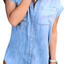 Zilcremo Women Denim Shirt Dresses Short Sleeve Distressed Jean Dress Button Down Casual Tunic Top (Medium, Blue)