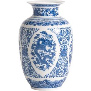Blue and White Vase, Large Chinoiserie Vase Porcelain, Ginger Jar, Mantel Decor for Living Room & Home,11" H