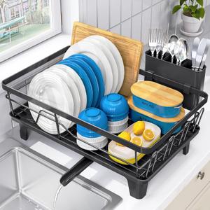 Urackify Compact Dish Drainer for Kitchen Counter - Expandable Large Capacity Drying Rack with Removable Cutlery Holder, Anti-Rust Plate Rack, Non-Slip Feet (Black)
