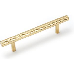 6-Pack Solid Brass Kitchen Cabinet Pulls, Gold Modern T-Bar Handles, 4-Inch Hole Center Hammered Handles for Dresser Drawer Cupboard, 5-13/16 Inch Total Length, Polished Finish