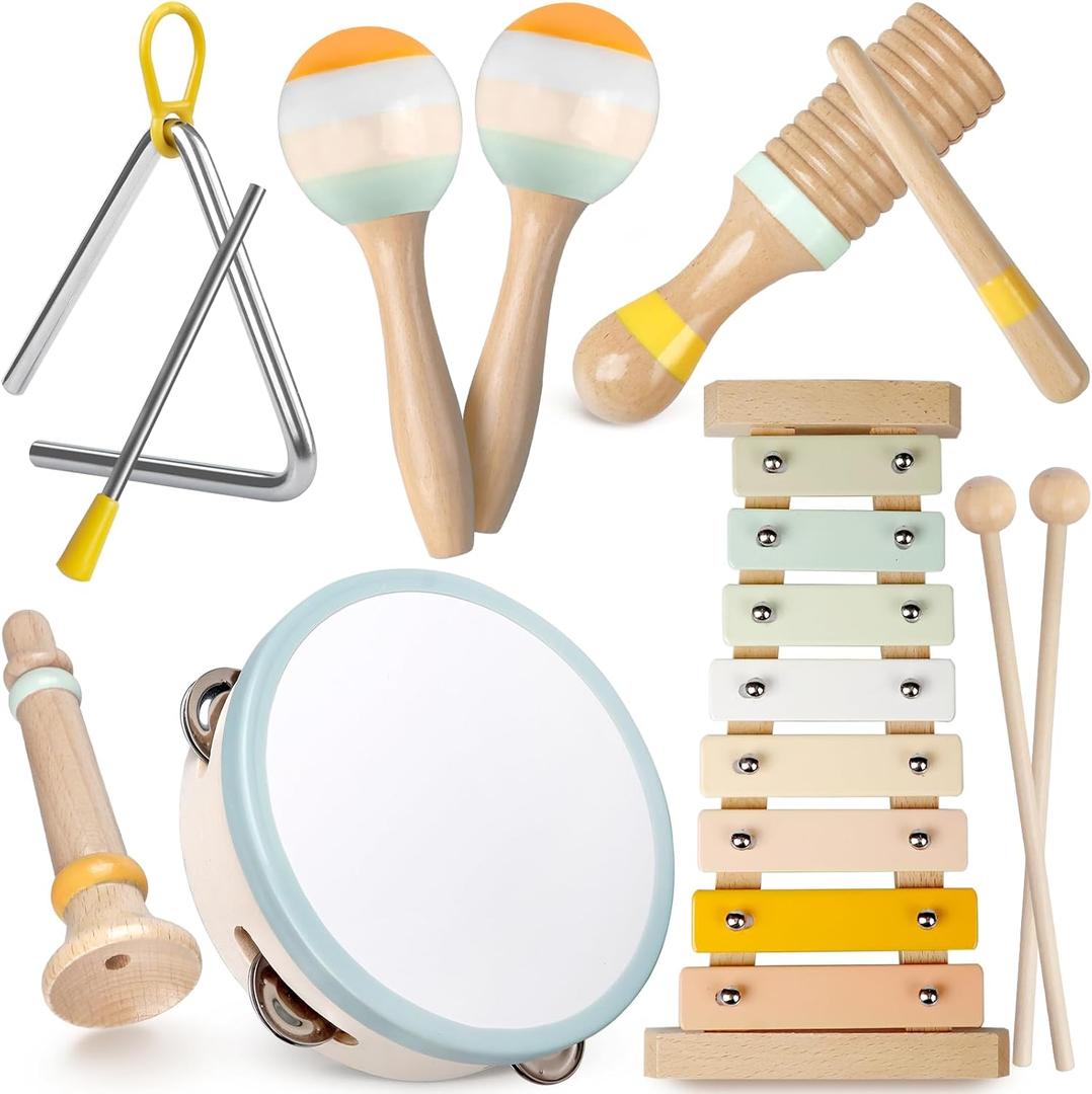 Baby Musical Instruments - Neutral Colors Musical Toys for Toddlers 1-3, Montessori Wooden Percussion Instruments Set with Modern Boho Xylophone Tambourine, Kids Preschool Educational Birthday Gifts (Multicolored)