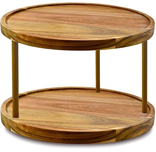 10" Two-Tier Acacia Wood Lazy Susan Organizer Kitchen Turntable for Cabinet Pantry Table Organization