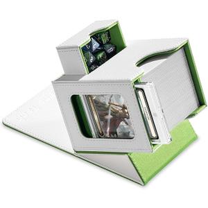Mage Tech Card Deck Box for MTG Commander - Patented Design, Commander Display, Fits 100 Double-Sleeved Cards, 35pt Card Brick & Dice Tray - White/Green