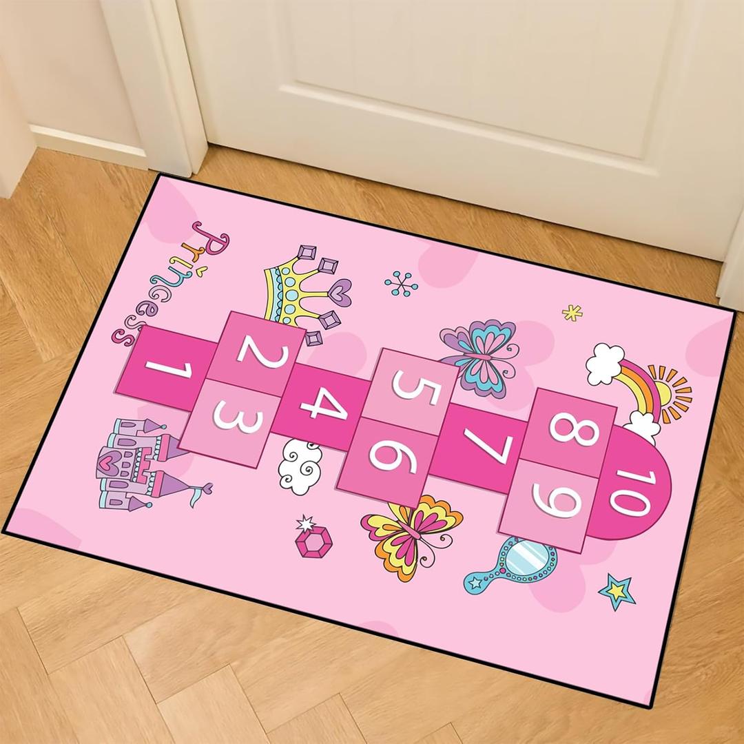Washable Kids Play Mat 2x3 Feet, Non-Slip Educational Number Game Rug, Soft Low Plush Small Indoor Carpet for Children's Bedroom Nursery Entrance, Modern Pink Floor Mat
