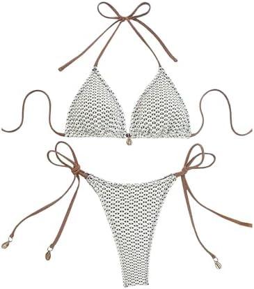 SOLY HUX Bathing Suit for Women Fishnet Halter Triangle String Bikini Set Tie Side Thong Two Piece Swimsuit, L