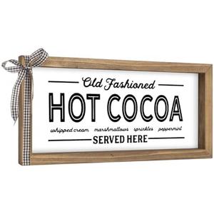 pechpell 11.8×6 Inch Hot Chocolate Bar Sign, Wooden Black White Christmas Hot Cocoa Station Decor, Holiday Coffee Decorative Signage Indoor Kitchen Table Shelf Wall Rustic Farmhouse Home Decorations