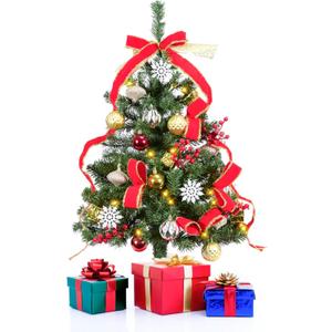 3 FT Pre-Lit Artificial Christmas Tree, Small Christmas Tree with 50 LED Warm Lights,36 Inch Mini Table Top Tree, Xmas Desk Small Tree with Hanging Ornaments for Holiday Indoor DIY Decor