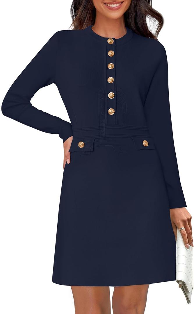 NENONA Women's 2026 Long Sleeve Fall Winter Sweater Dress Spring Fashion Button Elegant Business Casual Work Mini Dresses (Medium, Navy)