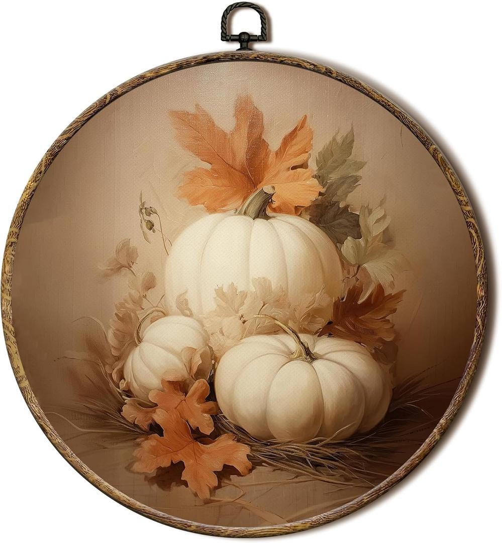 FSTCSV Vintage White Pumpkin Fall Round Wall Art Framed, Vintage Fall Leaves Pumpkin Canvas Prints Wall Hanging Art, Rustic Farmhouse Pumpkins Maple Leaves Circle Walls Decor for Home Bedroom,10x10in