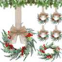 Hotop 6 Set Mini Wreaths for Kitchen Cabinet 12 Inch Small Christmas Wreath with Burlap Ribbon Red Berry and Eucalyptus Leaves for Xmas Window Front Door Fireplace Chair Farmhouse Hanging Decor