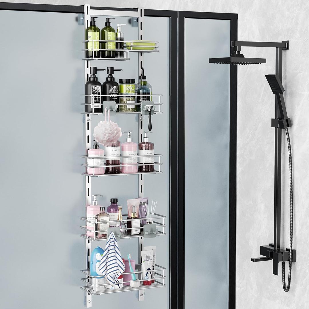 Orimade Over the Door Shower Caddy Adjustable 5 Tier Silver Grey,Bathroom Hanging Organizer Shelf Rustproof with 4 Hooks,Shower Basket with Soap Holder and Suction Cup