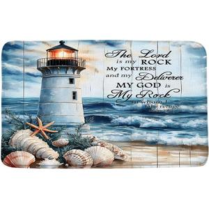 Nautical Lighthouse Bath Mat Summer Beach Coastal Ocean Starfish Seashell Bible Verse Vintage Seascape Microfiber Memory Foam Bathroom Rug Doormat Kitchen Toilet Floor Rug,17.8x29.5 Inch