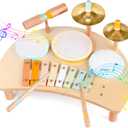 Kids Drum Set Montessori Musical Instruments for Toddlers 1-3, Wooden Baby Drum Kit with Xylophone, Preschool Music Toys for Early Learning, Educational Birthday Gift for Boys Girls (Multicolored)