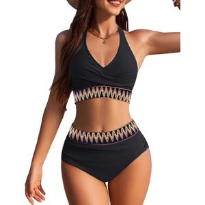 AI'MAGE Women High Waisted Bikini Sets Tummy Control Swimsuits Two Piece Swim Suits 2025 Color Block Halter Bathing Suits (Small, Black)