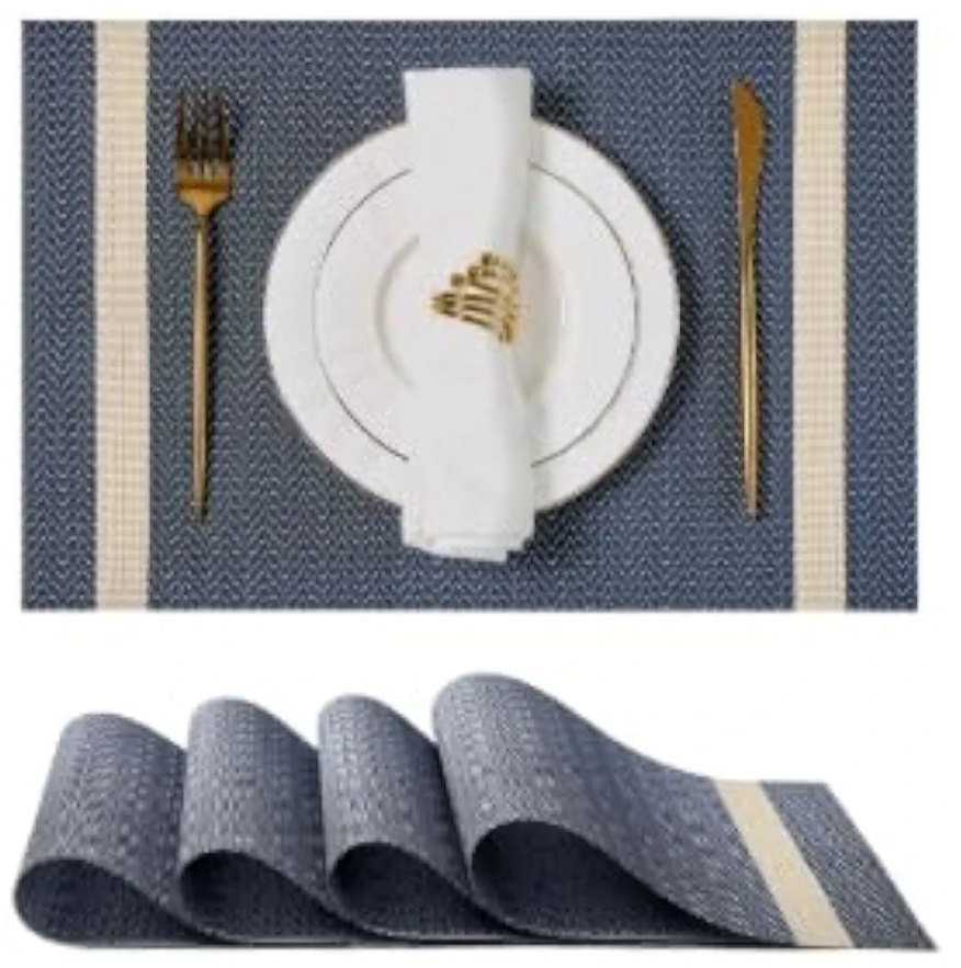 Leetaltree Sparkling Dark Blue Vinyl Woven Placemats Set of 6 - Washable Dining Table Place Mats Striped, Suitable for Wedding, Anniversary, Daily Use