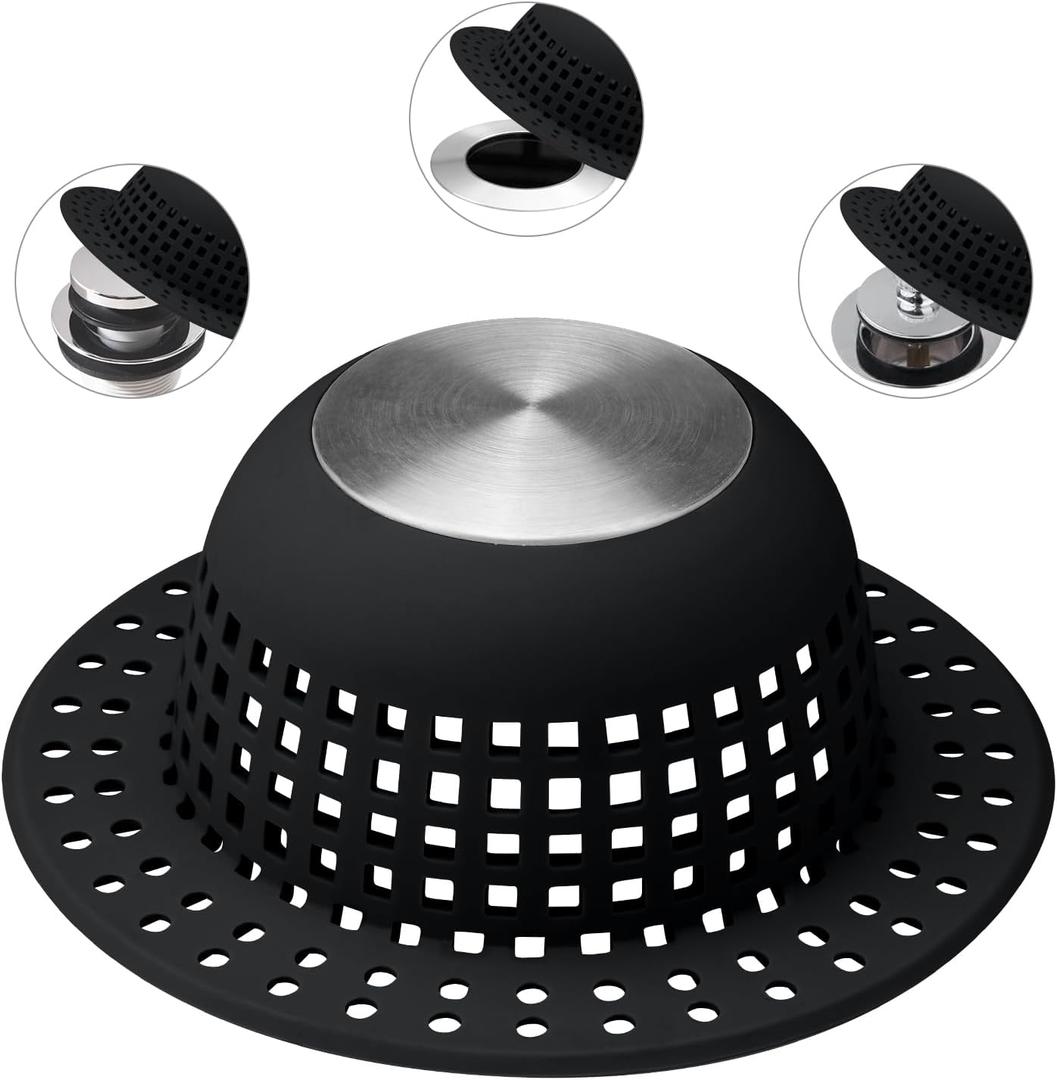Shower Drain Hair Catcher Bathtub Drain Cover Shower Protector for Pop-Up & Regular Drains (Silver Black)