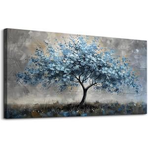 MHARTK66 Farmhouse Wall Art For Living Room Canvas Wall Decor For Bedroom Blue Tree Landscape Wall Pictures Artwork Large Stretched and Framed Canvas Paintings Ready to Hang for Office Home Decor (48"L x 24"W)