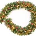 9 Feet Pre-Lit Christmas Garland, Mixed Pine Decorated with Frosted Berries, Pinecones, 70 Lights Plug in, for Mantle Staircase Indoor and Outdoor (Green White)