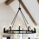 12-Light Candle Style Black Wagon Wheel Chandelier, Retro Farmhouse Country Style Industrial Large Round Pendant Light Fixture for Living Room, Dining Room, Foyer, Entryway, Black 