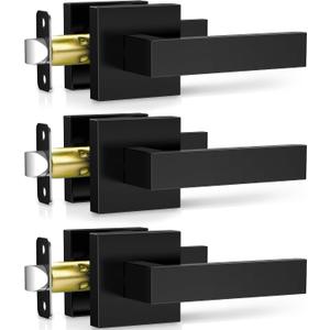 Plustool 3 Pack Matte Black Door Handles, Passage Door Levers for Hallway & Closet, Interior Keyless Door Knobs Heavy Duty Square Non-Locking Handlesets, Reversible for Left & Right Sided Doors