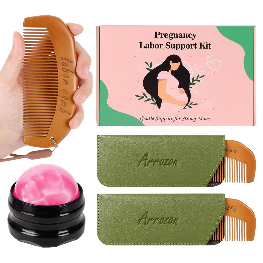 Arrozon 2 Pcs Labor Comb & Massage Roller Ball Kit, Birthing Pregnancy and Hospital Bag Must Haves, Post Partum Home Delivery Essentials, Wooden Birth Comb Pain Relief Baby Shower Gifts for Mom