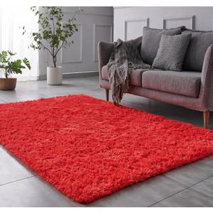 TABAYON Luxury Shag Area Rug, 3x5 Feet Red Rectangle Plush Fuzzy Rugs, Non-Slip Shaggy Furry Carpets for Bedroom